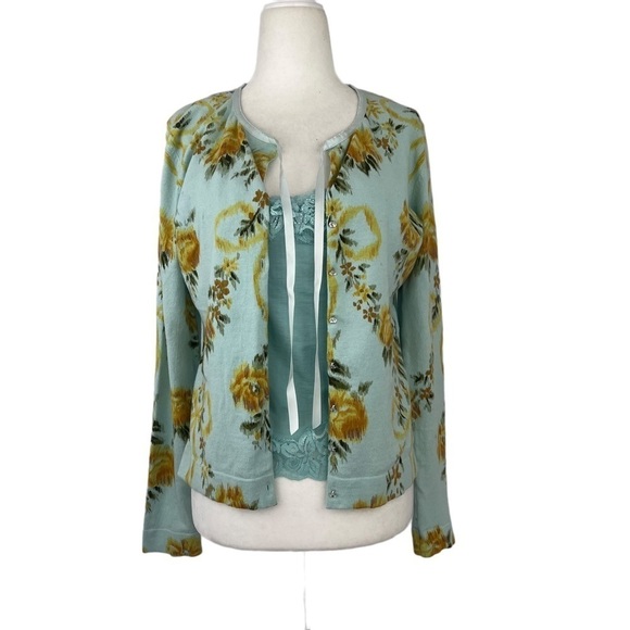 𝅺parfait FLORAL PRINT‎ SHEER BACK CARDIGAN WITH W.D.N.Y. SILK SHELL - Picture 1 of 14